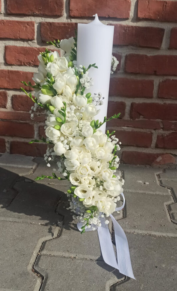 Lumanare cu aranjament florar pentru botez sau cununie