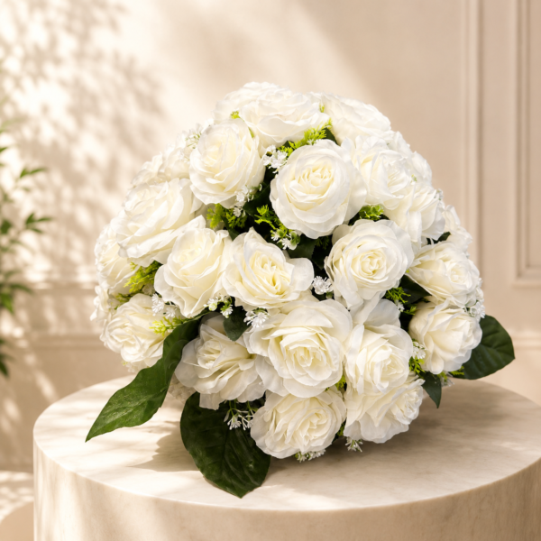Aranjament floral pentru mașina mirilor cu trandafiri albi