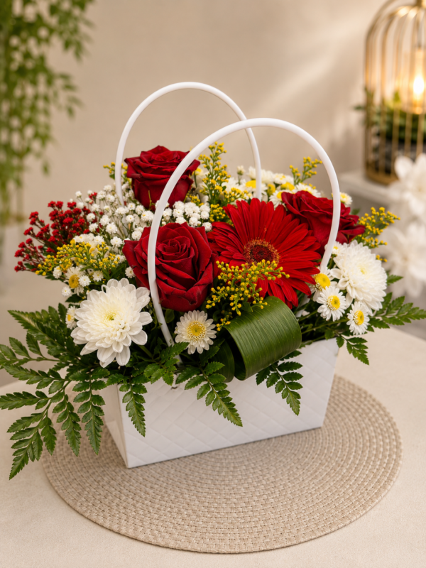 Coș Floral Elegant cu Trandafiri Roșii și Gerbera