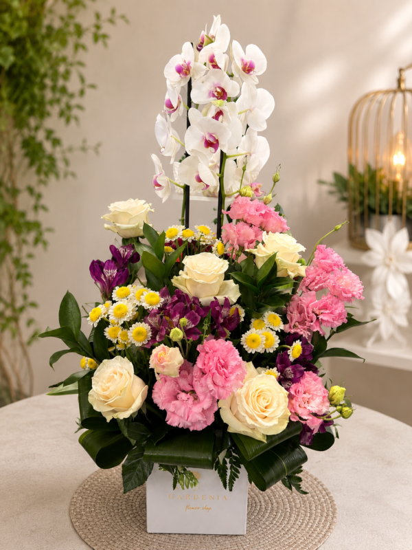 Aranjament Floral Premium cu Orhidee Albă și Trandafiri Albi