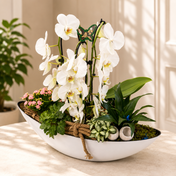 Aranjament premium cu Orhidee Phalaenopsis în barcă decorativă