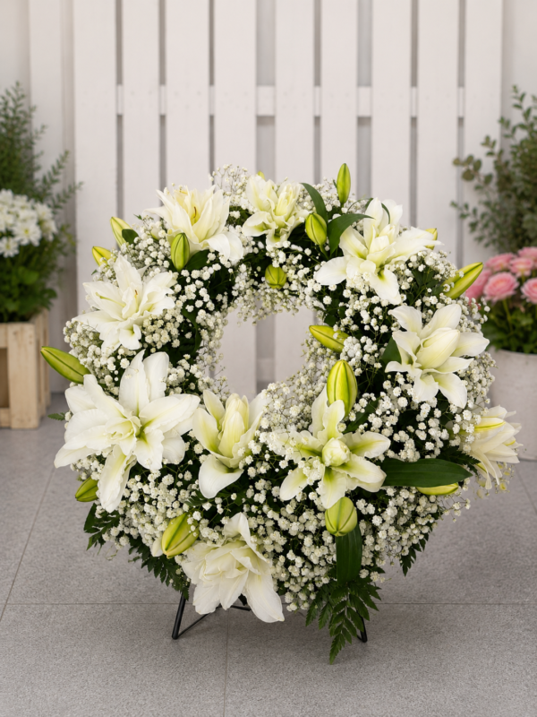Coroană funerară din crini albi și gypsophila