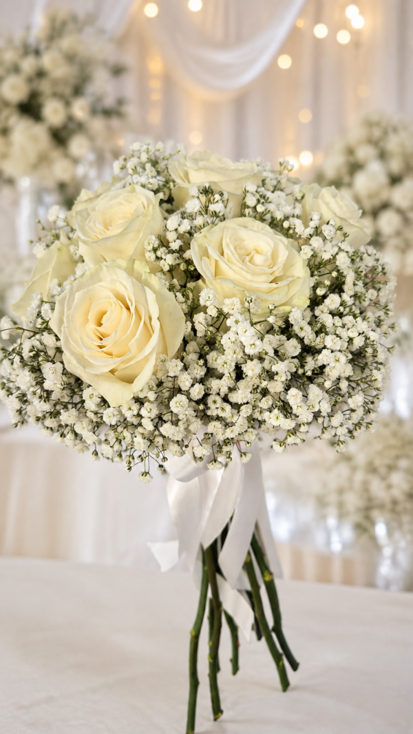 Buchet de mireasă cu trandafiri albi și gypsophila
