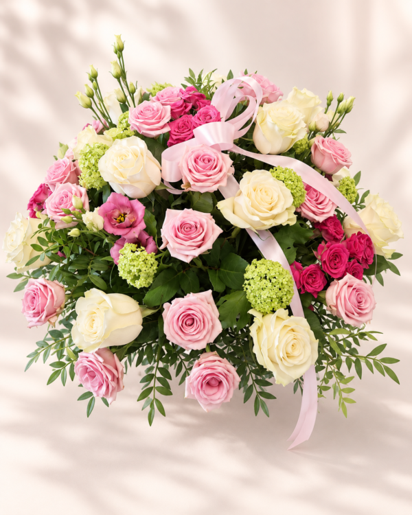 Aranjament floral elegant cu trandafiri roz și albi 🌸
