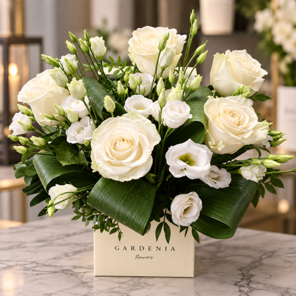 Aranjament floral alb „Gardenia Elegance” 🤍