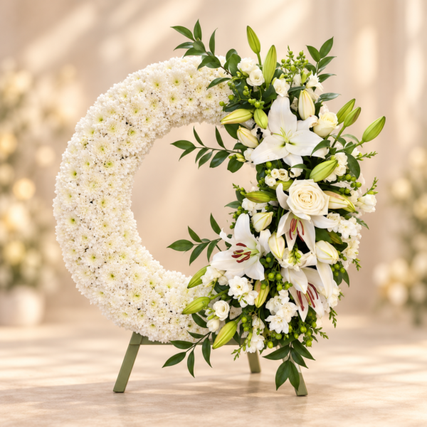 Aranjament funerar elegant în alb, tip coroană semicirculară