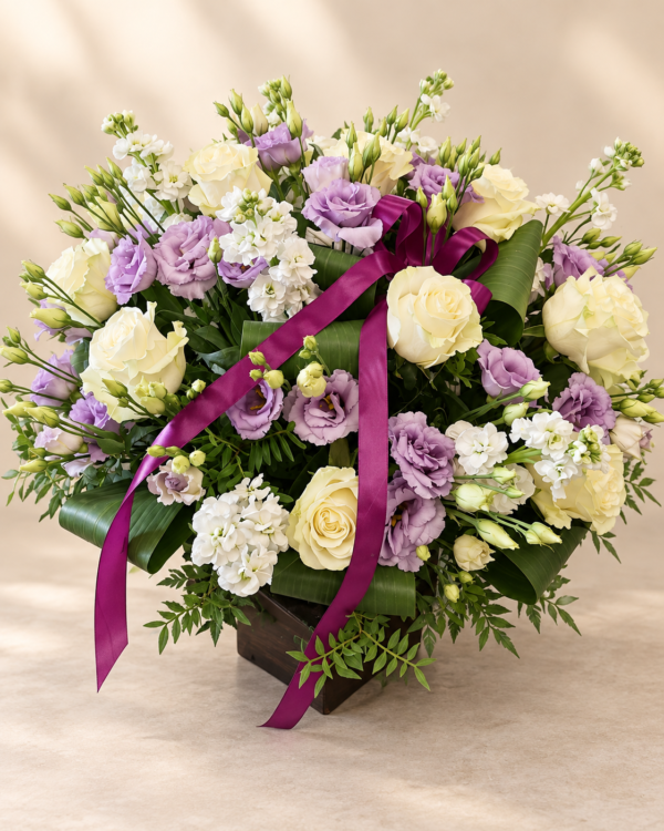 Aranjament floral elegant cu trandafiri ivoire și lisianthus mov 💜