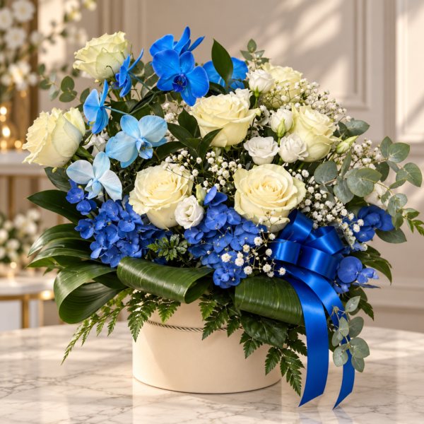 Aranjament floral elegant în nuanțe de alb și albastru