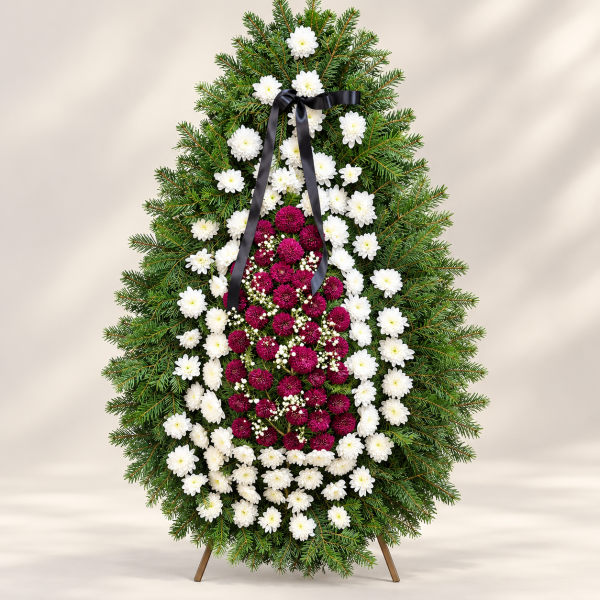 Coroană funerară din brad natural cu crizanteme albe și vișinii