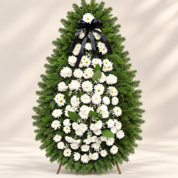 Coroană funerară din brad natural cu crizanteme albe